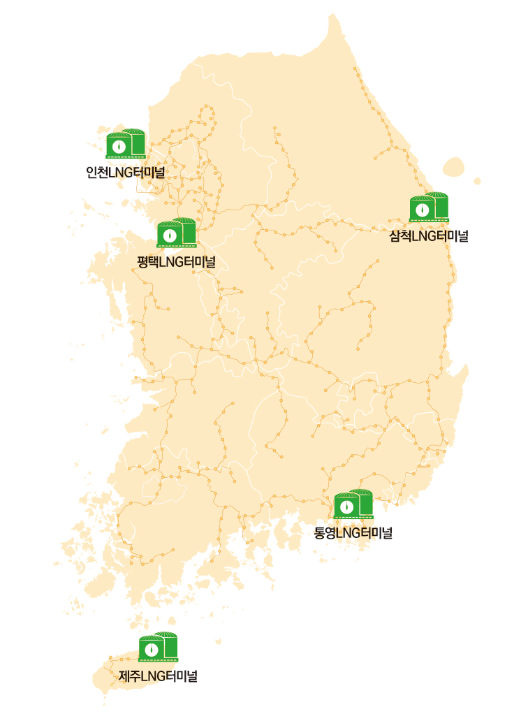 인천LNG터미널, 평택LNG터미널, 삼척LNG터미널, 통영LNG터미널, 제주LNG터미널이 표시되어있는 대한민국 지도